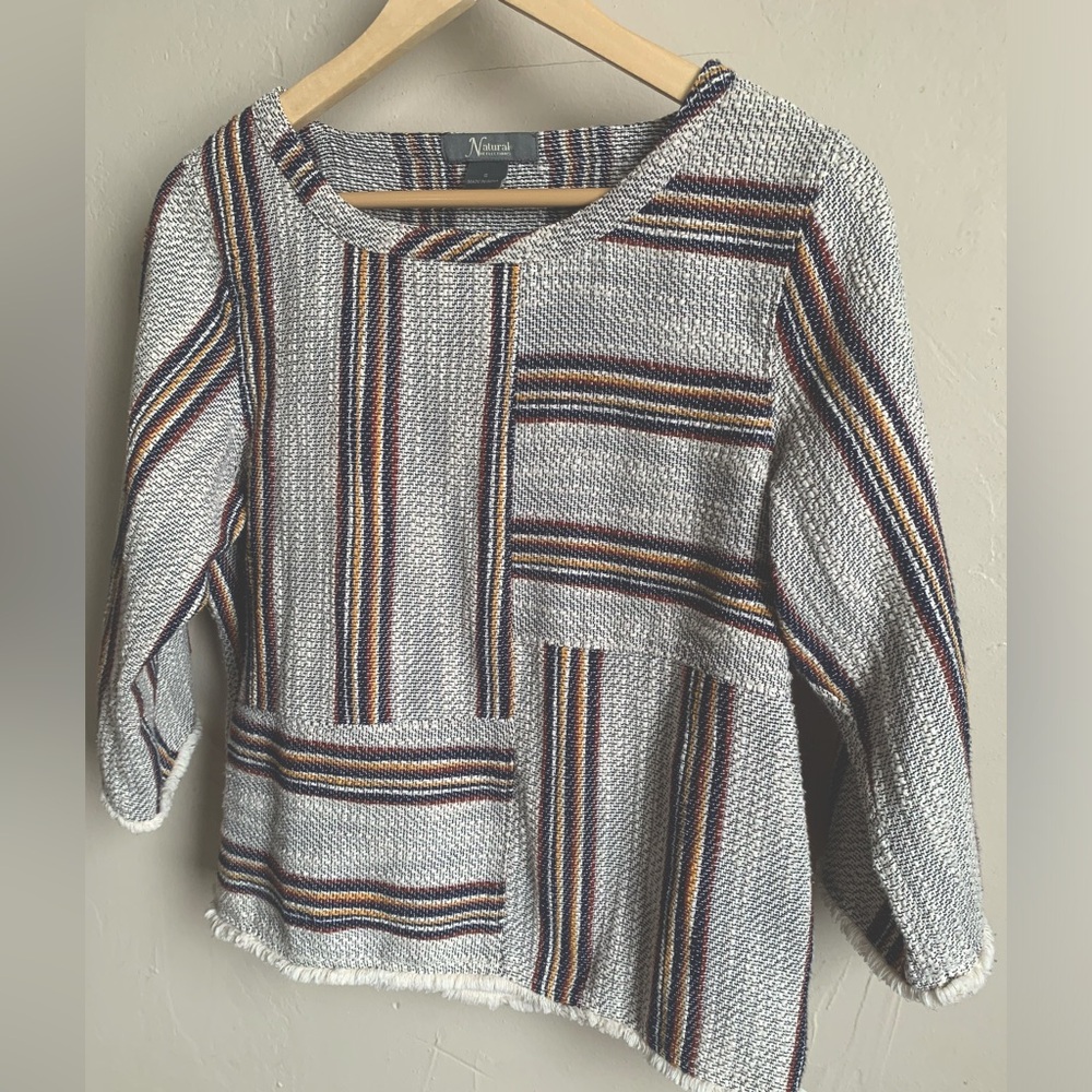 Striped, patchwork, pullover. 3/4 sleeve, raw edge / hem. Size women’s SMALL.